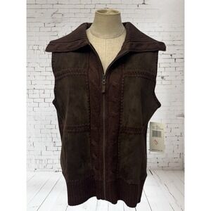 NWT Y2K Women L Suede Leather Patch Knit Vest Brown Cowgirl Western Granola Girl